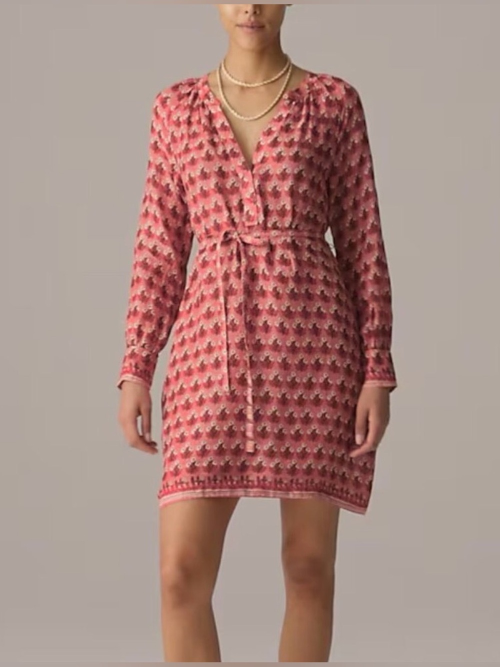J.Crew Printed Pink V-Neck Tie-Waist Dress - Picture 4 of 11